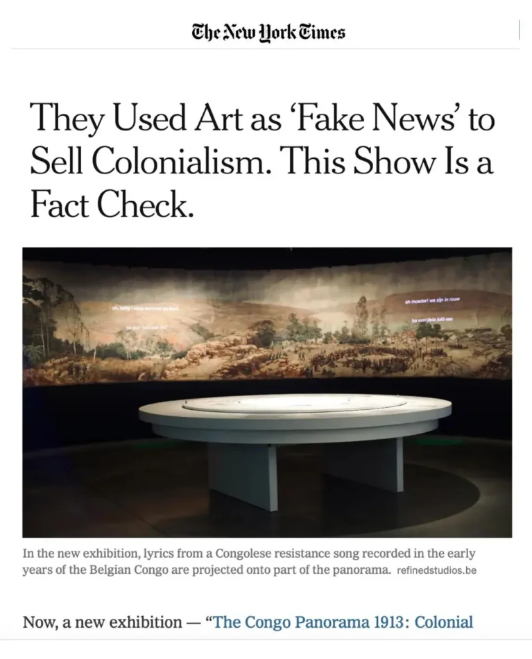 The New York Times — Africa Museum Feature Screenshot of a New York Times article featuring an exhibition image from the Africa Museum, with visuals created by Refined Studios.